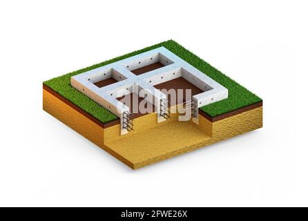 Colata parete cementizia rinforzata scantinato. Isolato cgi industriale 3D illustrazione Foto Stock