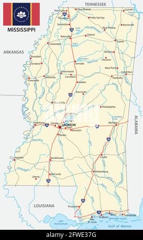 cartina stradale del mississippi con nuova bandiera Illustrazione Vettoriale