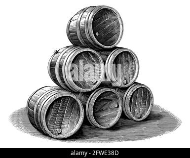 Pila di barile di birra disegnata a mano in stile di incisione vintage nera e clip art bianco isolato su sfondo bianco Illustrazione Vettoriale