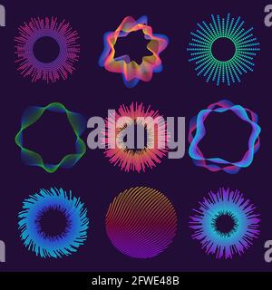 Circolare onde audio. Onda sonora rotonda al neon per equalizzatore. Particelle di ripple del suono radiale astratte. Insieme di vettori di onde di linea circolari incandescenti Illustrazione Vettoriale