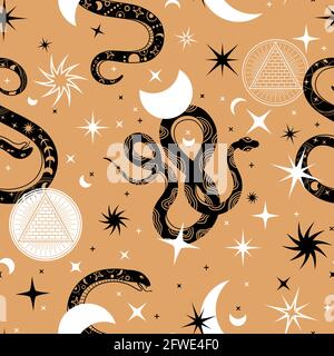 Serpenti Mystic motivo senza cuciture. Stampa con sagome di serpente e simboli astrologici. Magia ornata con stelle, luna e serpenti disegno vettoriale Illustrazione Vettoriale