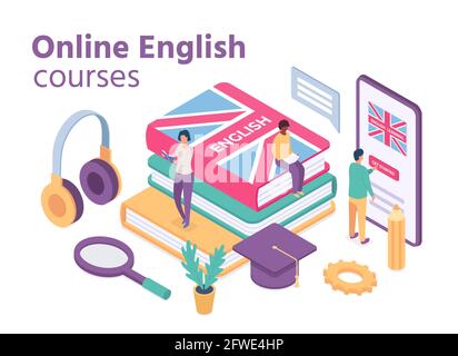 Corsi di inglese isometrico. Online scuola di lingua straniera con studenti imparare il vocabolario e leggere libri. Concetto di vettore di formazione a distanza Illustrazione Vettoriale