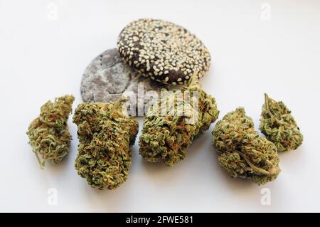 Fioriture e dolci di marijuana isolati su sfondo bianco. I fiori e i biscotti di cannabis si avvicinano. Ricreazione canapa, cucina cannella, passatempo, legalizzazione Foto Stock