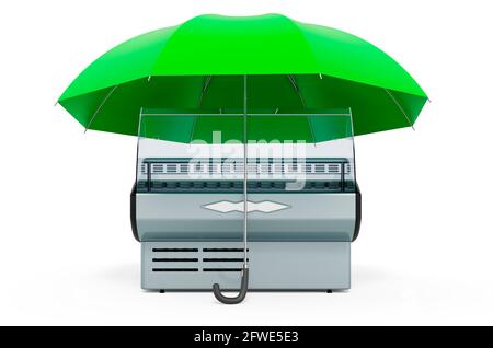 Vetrina refrigerata, vetrina sotto ombrello. Rendering 3D isolato su sfondo bianco Foto Stock