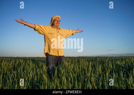 L'agricoltore anziano sta in piedi nel suo campo di grano in crescita e sta godendo il tramonto. È felice a causa della semina riuscita. Foto Stock