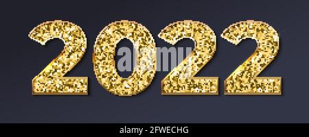 2022. Numeri d'oro con polvere scintillante isolata su sfondo nero. Illustrazione decorativa vettoriale per Capodanno. Illustrazione Vettoriale