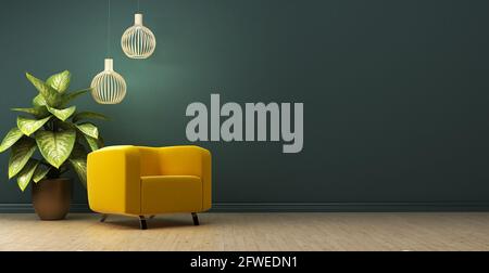 Interni dal design moderno con parete oscura vuota, poltrona con pianta verde in vaso, rendering 3d Foto Stock