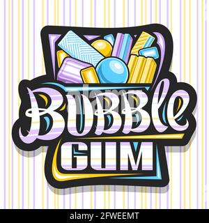 Logo vettoriale per Bubble Gum, cartello decorativo nero con illustrazione di bubblegums carino assortito e caramelle gialle, poster con una sola spazzola lett Illustrazione Vettoriale