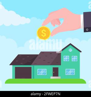 La mano mette la moneta nella casa stile piatto disegno vettoriale illustrazione. Illustrazione Vettoriale