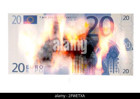 banconota da 20 euro sul fuoco Foto Stock