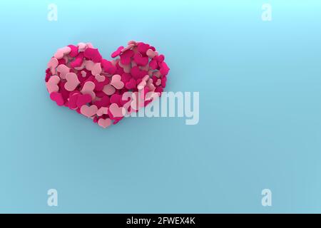 Cuori scarlatto, rosa e lilla in 3D a forma di cuore grande su sfondo blu, vista dall'alto. Concetto di amore: Vacanza San Valentino astratto Foto Stock