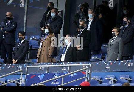 Da sinistra, Presidente del PSG Nasser al Khelaifi, Sindaco di Parigi Anne Hidalgo, Presidente della Federazione di calcio francese FFF Noel le graet, ex Presidente francese Nicolas Sarkozy, Presidente della Lega francese LFP Vincent Labrune, Il Presidente della Francia Emmanuel Macron durante la partita di calcio della Coppa di Francia tra AS Monaco (ASM) e Paris Saint-Germain PSG il 19 maggio 2021 allo Stade de France a Saint-Denis vicino a Parigi, Francia - Foto Jean Catuffe / DPPI / LiveMedia Foto Stock