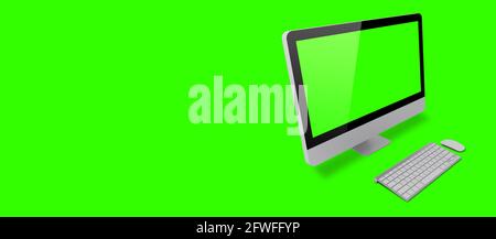 Immagine mockup del pc desktop bianco con schermo verde vuoto su sfondo verde. Adatto per il tuo elemento di design. Foto Stock