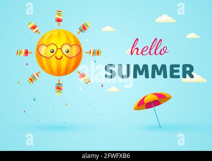 Ciao estate. Sole con raggi di gelato, ombrellone su sfondo blu con nuvole. Illustrazione vettoriale. Illustrazione Vettoriale