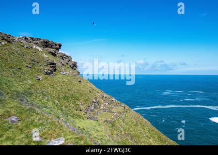 Si affaccia su un edificio in rovina sull'Atlantico al Castello di Tintagel, Cornovaglia. Foto Stock