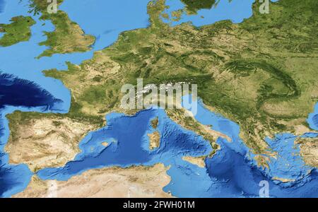 Europa vista piatta dallo spazio, mappa dettagliata su foto satellitare globale. Parte europea della mappa del mondo fisico con superficie texture. Terreno verde e blu Foto Stock