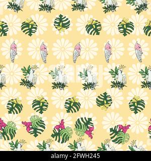 Vettore colore giallo sfondo uccelli tropicali, pappagalli, piante esotiche di formaggio, monstera, fiori di ibisco. Sfondo con ripetizione senza giunture Illustrazione Vettoriale