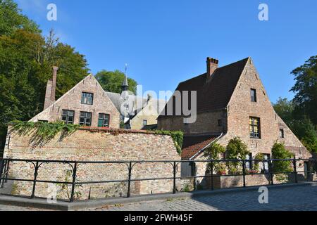 Paesaggio con vista panoramica delle pittoresche case gotiche sulle rive del canale Minnewaterpark di Bruges, Belgio. Foto Stock