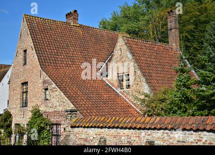 Paesaggio con vista panoramica delle pittoresche case gotiche sulle rive del canale Minnewaterpark di Bruges, Belgio. Foto Stock