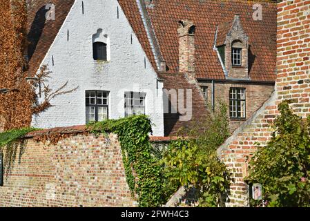 Paesaggio con vista panoramica delle pittoresche case gotiche sulle rive del canale Minnewaterpark di Bruges, Belgio. Foto Stock