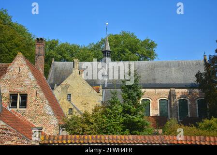 Paesaggio con vista panoramica delle pittoresche case gotiche sulle rive del canale Minnewaterpark di Bruges, Belgio. Foto Stock