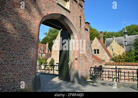 Paesaggio con vista panoramica delle pittoresche case gotiche sulle rive del canale Minnewaterpark di Bruges, Belgio. Foto Stock