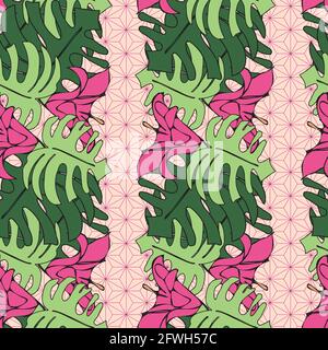 Vettore rosa pastello, sfondo pesca tropicale esotico formaggio pianta, monstera, fiori di ibisco. Sfondo con ripetizione senza giunture Illustrazione Vettoriale