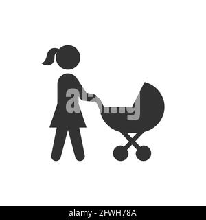 Icona vettore nera passeggino per madre e bambino. Donna che spinge il simbolo del pRAM. Illustrazione Vettoriale