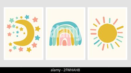 Poster in stile scandinavo con arcobaleno, nuvola e sole. Disegno infantile per il disegno della stanza dei bambini. Divertimento doodle arcobaleno. Illustrazione disegnata a mano Illustrazione Vettoriale