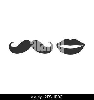 Baffi e labbra icona vettoriale nera. Uomini e donne, baffi simbolo. Illustrazione Vettoriale
