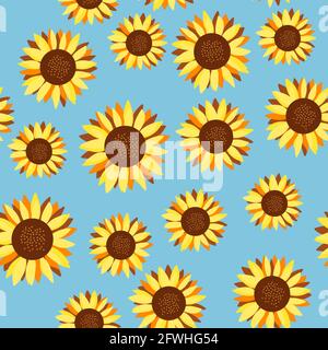 Girasoli modello. Design piatto girasoli. Illustrazione di fiori gialli su sfondo blu. Illustrazione Vettoriale