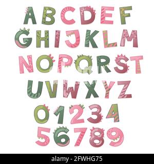 Cartoon cute Dinosaur alfabeto. Carattere Dino con lettere e numeri. Illustrazione vettoriale per i bambini per t-shirt, biglietti, poster, eventi di compleanno, disegno di carta, bambini e progettazione di vivai Illustrazione Vettoriale