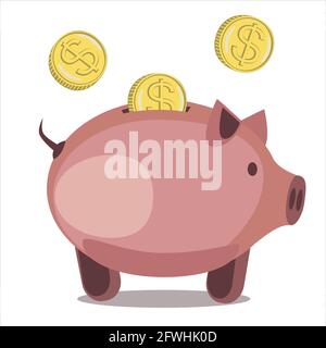 Concetto di risparmio di denaro. Monete d'oro che cadono una ad una in pink piggybank su sfondo bianco. Illustrazione Vettoriale