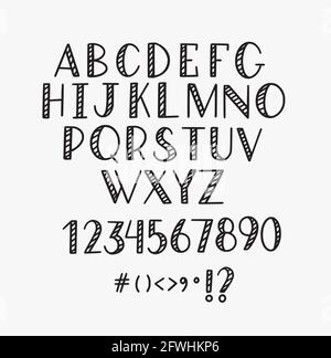 Vettoriale semplice e divertente alfabeto con lettere disegnate a mano. Solo lettere maiuscole e cifre. Doodle calligraphy typeset Illustrazione Vettoriale