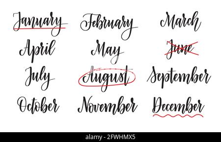 Calligrafia vettoriale nomi di mesi. Design astratto con lettere del calendario Illustrazione Vettoriale
