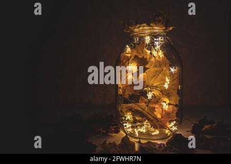 Una lampada composta da un vaso, da una ghirlanda e da foglie essiccate. Lavoro a mano. Tema autunno. Foto Stock