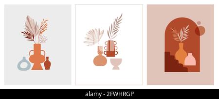 Arte bohémien astratta disegno estetico. Arrangiamenti di vasi di ceramica e ceramica, vasi con foglie secche, piante, fiori. Illustrazione Vettoriale