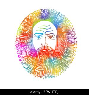 Multicolore scenografico ritratto di un uomo. Faccia grafica di un uomo bearded e dai capelli lunghi. Illustrazione vettoriale Illustrazione Vettoriale