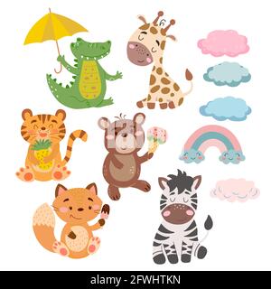 Set di simpatici animali cartoon, arcobaleni e nuvole in grafica vettoriale, isolati su sfondo bianco. Per la progettazione di cartoline, poster, striscioni Illustrazione Vettoriale