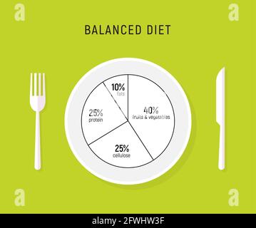 Alimentazione sana, piatto nutrizionale di equilibrio. Infografica sulla tabella dei pasti per la salute vettoriale, concetto di piano dietetico Illustrazione Vettoriale