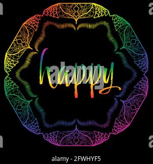 HAPPY Mandala mano disegnata con colori arcobaleno per il festival gay orgoglio, LGBTQ con sfondo nero e tema luminoso. Foto Stock