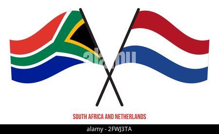 South Africa e Paesi Bassi Bandiere incrociate e ondulate stile piatto. Proporzione ufficiale. Colori corretti. Illustrazione Vettoriale
