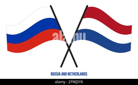 Russia e Paesi Bassi Bandiere incrociate e ondulate in stile piatto. Proporzione ufficiale. Colori corretti. Illustrazione Vettoriale
