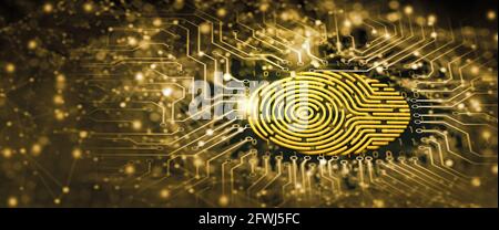 Tecnologia di sicurezza del futuro. La scansione delle impronte digitali fornisce un accesso di sicurezza in DOF. Concetto di protezione delle impronte digitali. Rendering 3D. Foto Stock