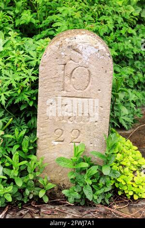 Milepost sul canale Rochdale, Todmorden. Foto Stock