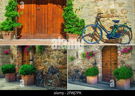 Collage di biciclette retrò e Street concept fiorito toscano, Italia, Europa Foto Stock
