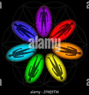L'aura di una persona. Diversi colori dell'aura . La silhouette di una persona. Fiore della vita. Sfondo nero. Illustrazione Foto Stock