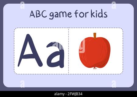 Minigiochi di alfabeto capretto in stile cartoon con lettera A - mela. Illustrazione vettoriale per la progettazione del gioco - taglio e gioco. Imparare abc con carte flash frutta e verdura. Illustrazione Vettoriale