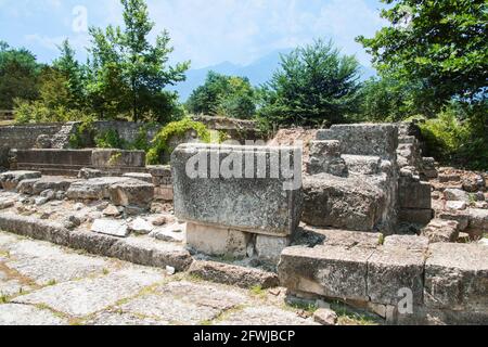 Antica Grecia città Dion. Rovine di casa vivente nel parco archeologico della città sacra di Macedone. Foto Stock