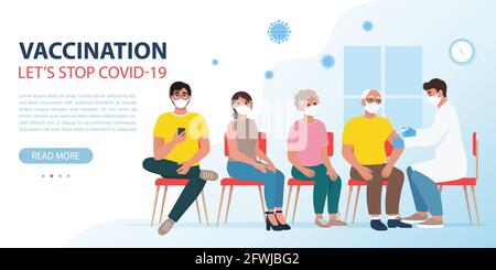 La gente è seduta in fila per un vaccino del coronavirus. Poniamo s stop covid-19 landing page. Illustrazione vettoriale in stile piatto Illustrazione Vettoriale
